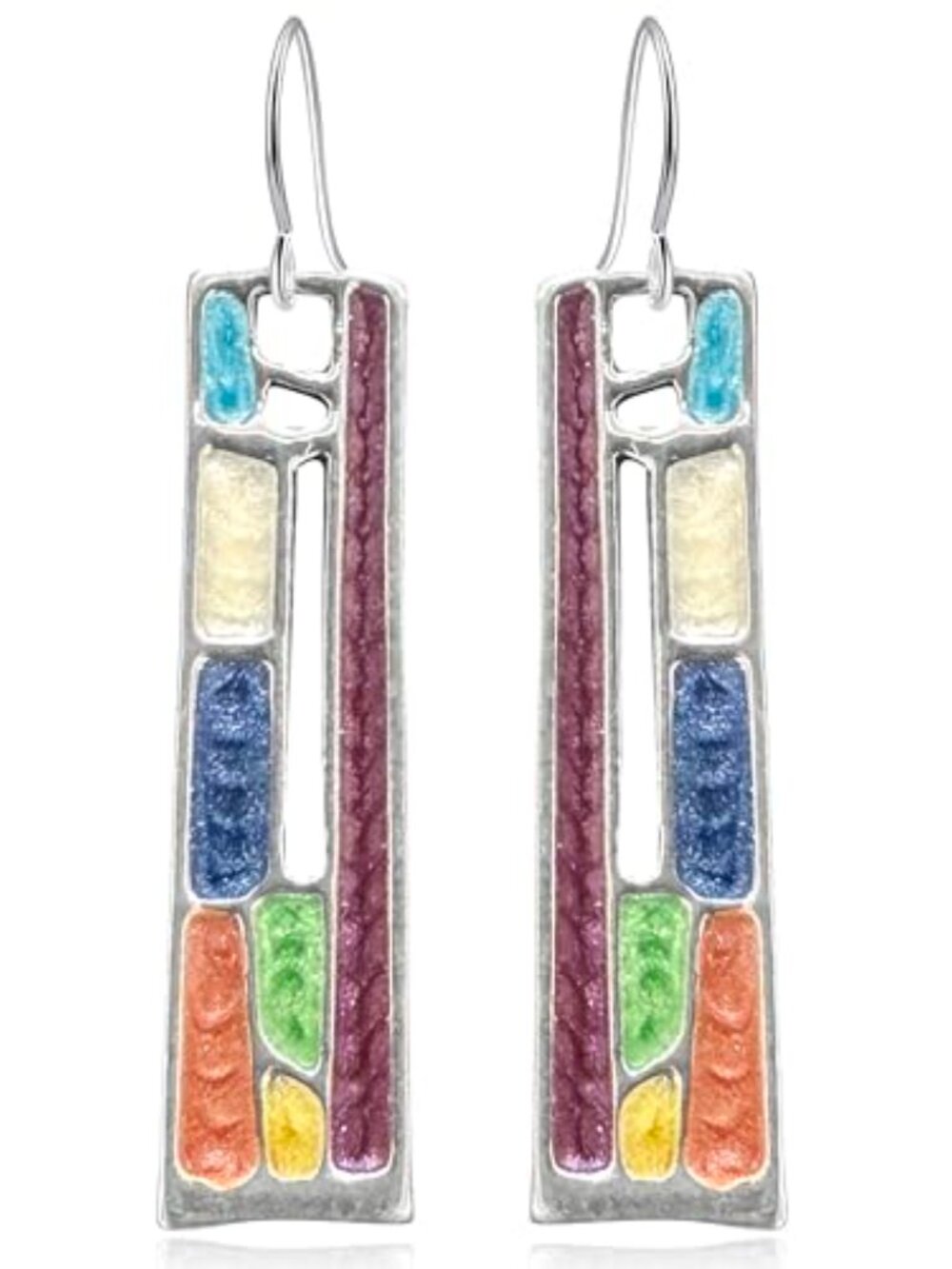 Handmade Boho Vintage Silver Enamel Colorful‎ Rectangle Bar Geometry Dangle Drop